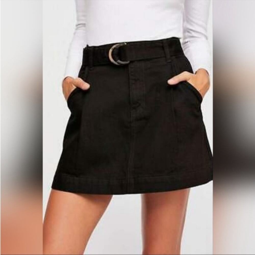 Free People Denim Skirt Womens 26 Black Jade‎ Mini Belted Pockets